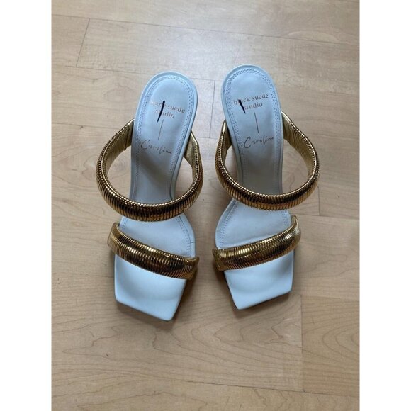 BLACK Suede Studio BNWT "Lisa" Dual Band Heels Gold White Sz 36 New Leather - Picture 3 of 10